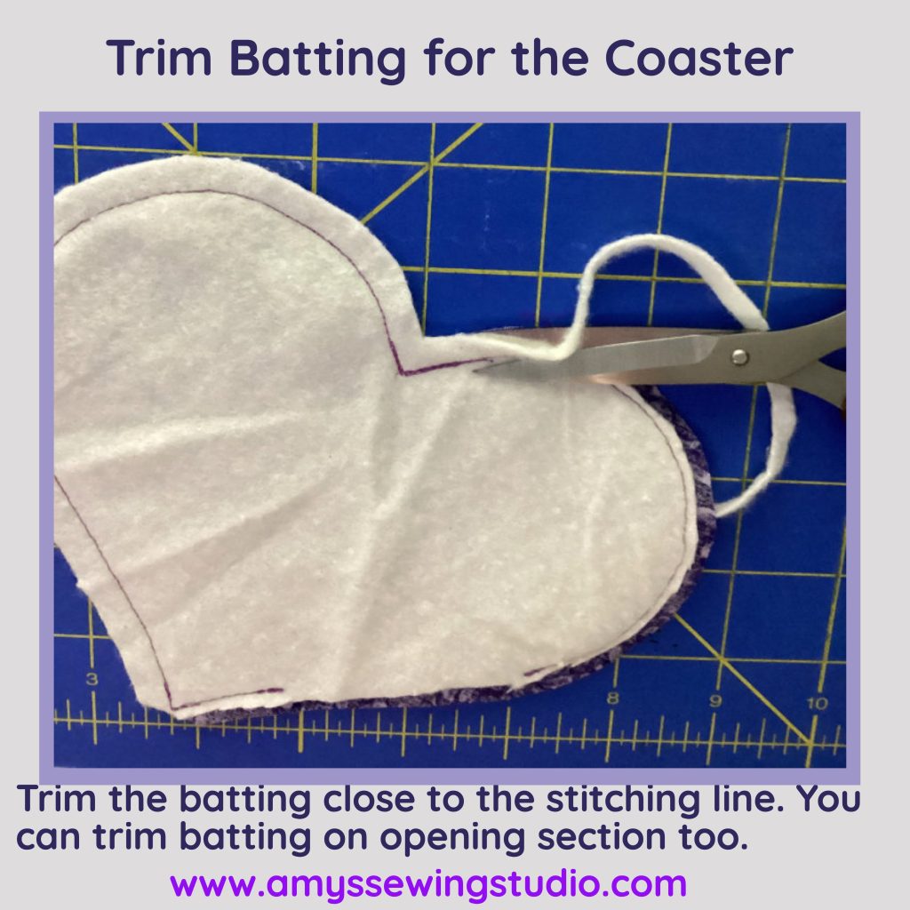 Trim batting for heart shape fabric coaster-Amys Sewing Studio